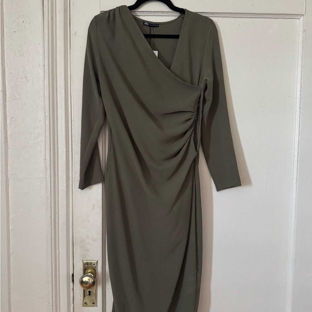 Zara Elegant Olive Green Draped Dress
